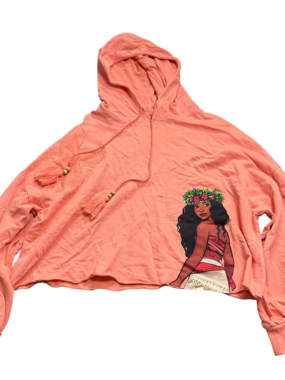 Disney Womens Large Moana Pullover Hoodie Tassel Drawstrings Crop Embroidered